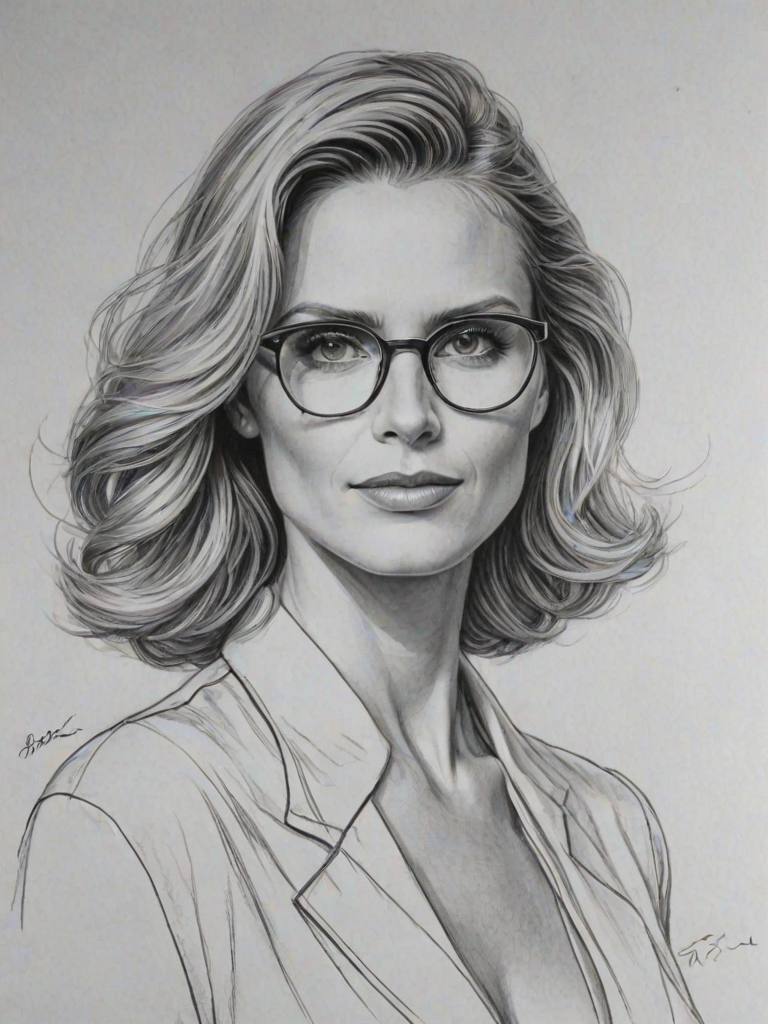 Bewitching Heidi Klum, pencil sketch, portrait of Superb woman 1938s in glasses, hair style beatnik, outline, clear lines, fine lines, 8k
