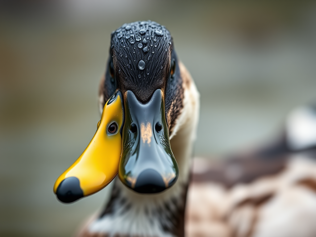 Close-up portrait of a duck with water droplets on its feathers, captured with a Canon EOS R5, 85mm f/1.2 lens, ISO 100, aperture f/2.8, shutter speed 1/200s, in soft natural light for enhanced detail and vibrant colors.