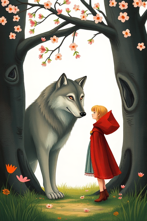 Create an illustration of a young girl in a red cape standing beside a large, friendly wolf near a tree with blossoms, in a whimsical, storybook style, captured with a Canon EOS 5D Mark IV at f/4.0, 50mm lens, shallow depth of field, natural light to enhance colors and details.