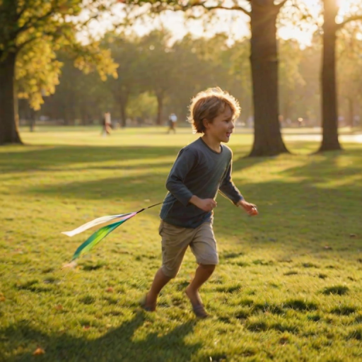 Blurry action shot of a young boy chasing after a kite on a windy day in the park, soft golden light from the setting sun casting long shadows on the grass.