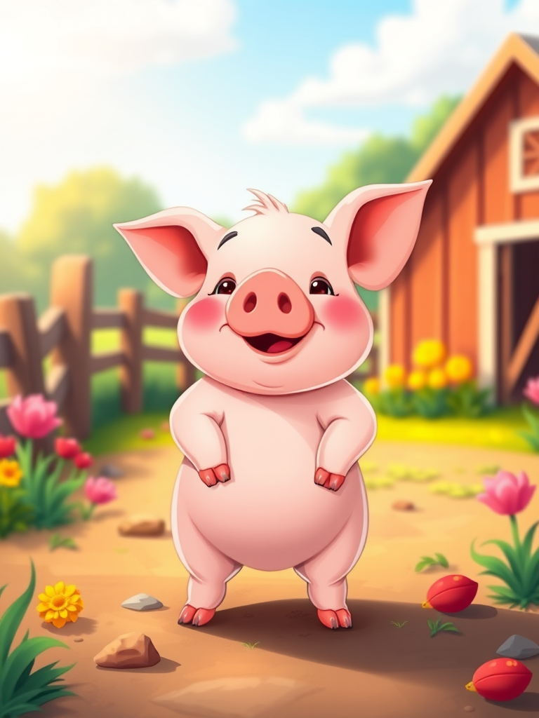 Create a digital illustration of a cartoon pig standing on all fours in a vibrant farm setting, using a Canon EOS R camera with a 50mm f/1.8 lens, set at ISO 100, aperture f/4, and shutter speed 1/200s, focusing on a bright color palette and smooth textures for enhanced image quality.