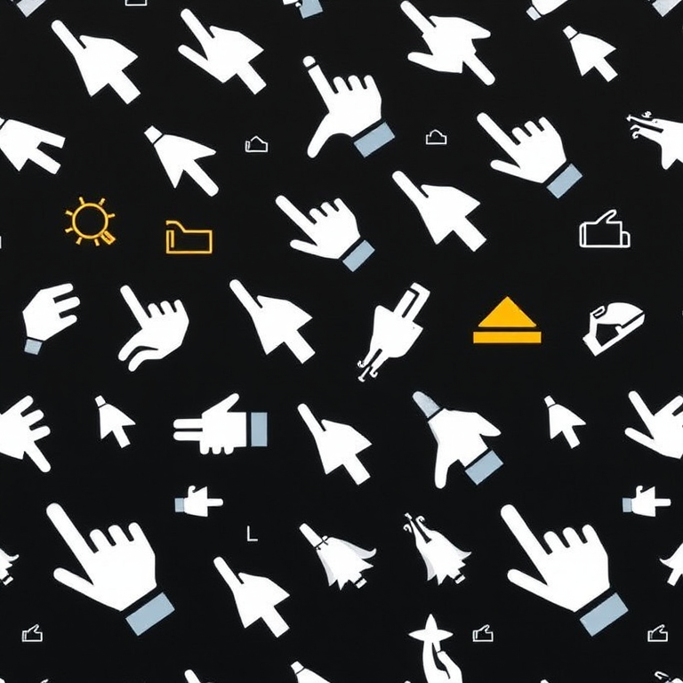 create a seamless pattern of various cursor icons including hand pointers, click symbols, and loading indicators on a black background, camera settings: f/8, ISO 100, shutter speed 1/125, camera view: top-down, camera style: flat lay, camera type: DSLR