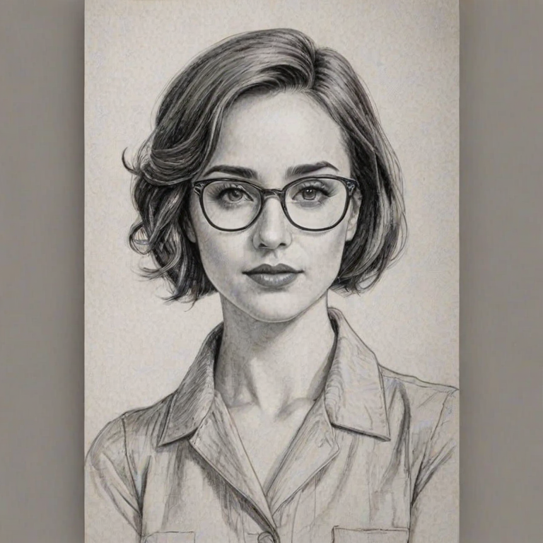 Attractive Allison Scagliotti, pencil sketch, portrait of Fascinating woman 1927s in glasses, hair style beatnik, outline, clear lines, fine lines, 8k