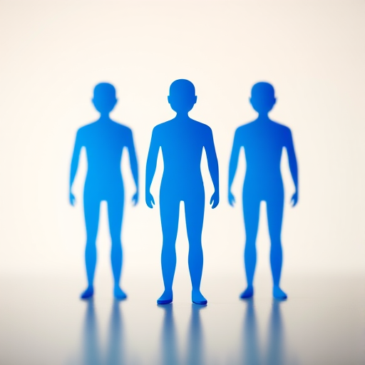 Create a stylized vector graphic of three abstract blue human figures in a row, soft lighting, shallow depth of field, ISO 100, f/2.8 aperture, 50mm lens, shot with a digital camera, high resolution.