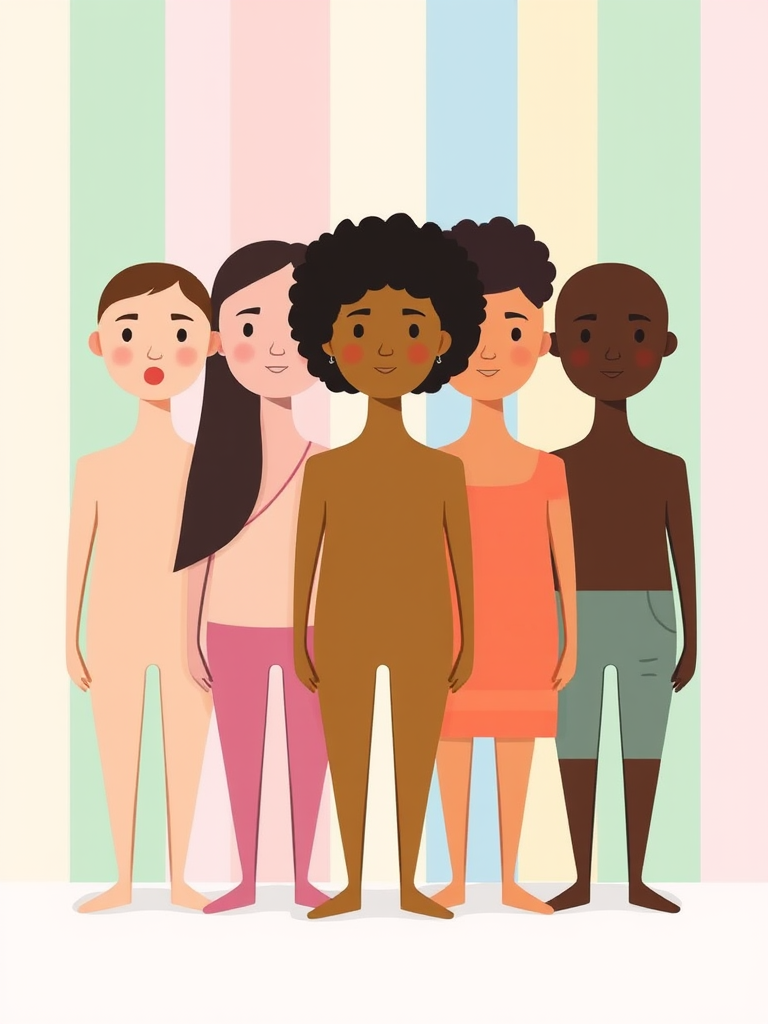 Create an illustrated image of five diverse, abstract human figures with no facial features, arranged in a line against a background with vertical color gradients of light blue, green, pink, and peach, using a digital art style; camera settings: f/5.6, ISO 100, 1/125s; camera view: wide angle; camera type: digital illustration.