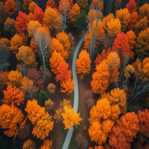 capture a high-resolution aerial view of a winding path through a forest during autumn with vibrant orange and yellow foliage, using a DSLR camera with a 50mm lens, f/2.8 aperture, ISO 100, and 1/200s shutter speed