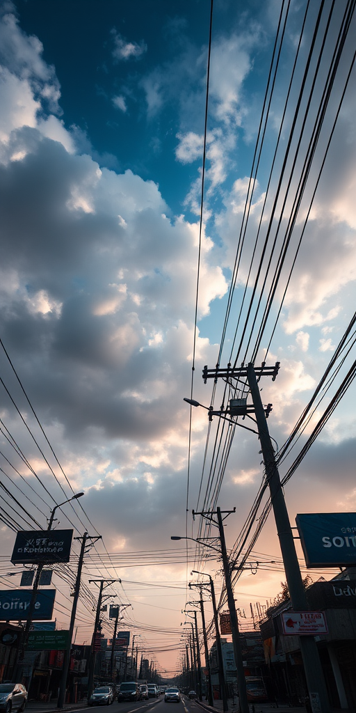 urban street scene with power lines and billboards under a dramatic sky, captured with a Canon EOS R5, 24mm lens, f/8 aperture, ISO 100, 1/250s shutter speed, shot from a low angle for a towering effect, natural lighting to enhance contrast