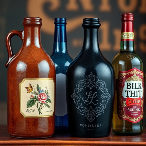 Create a highly detailed, realistic image of four decorative bottles: a brown jug with a floral label, a blue bottle with a blank oval label, a black jug with an ornate floral design, and a red bottle with a vintage decorative label, using a DSLR camera with a 50mm lens, aperture set to f/2.8, ISO 100, and a shallow depth of field to enhance image quality and focus on the bottles against a soft blurred background.