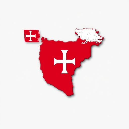 Create a high-resolution digital illustration of the map of Malta, featuring the distinctive flag colors of red and white, with the national emblem displayed prominently on the top left corner, using a DSLR camera with a 50mm lens, f/2.8 aperture, ISO 100, and natural lighting for clarity and detail.