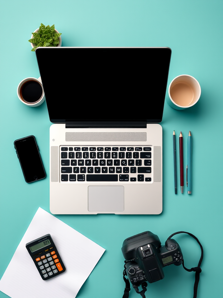 minimalistic workspace setup with a laptop, smartphones, a calculator, a cup, and stationery on a teal background, digital camera, aperture f/4, shutter speed 1/60s, ISO 100, top-down view, high resolution