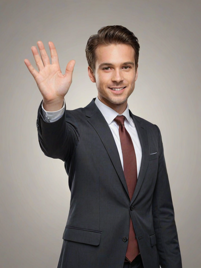 Create an image of a person in a suit extending an open hand with a neutral background.