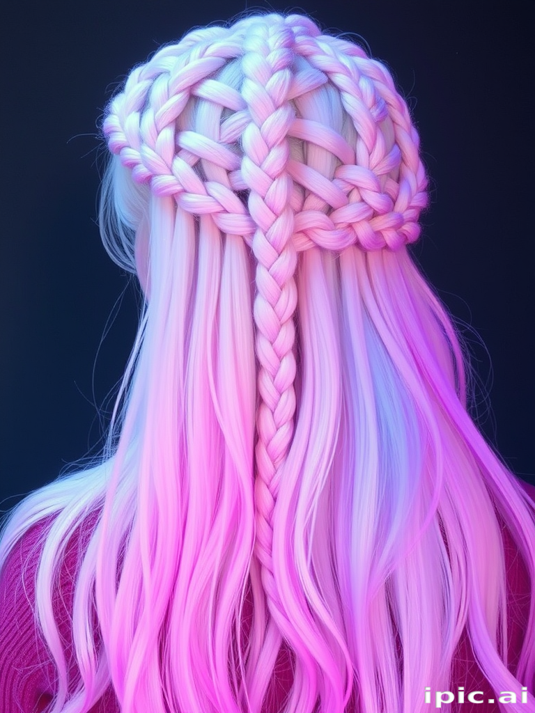 Icy platinum blonde braided crown transforms into a cascading waterfall of pastel pink, blue, and purple hues, resembling a magical aurora borealis in hair form.