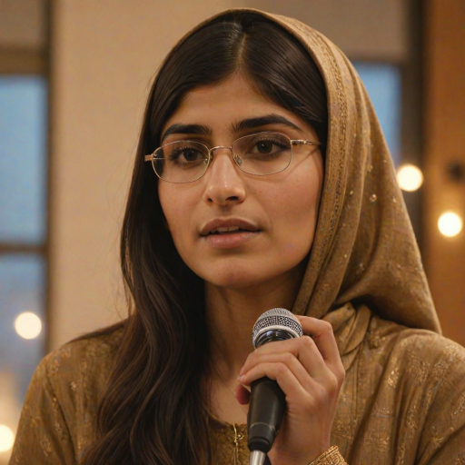 A close-up portrait of a mia khalifa with her eyes closed, singing into a microphone, positioned on the right side of the frame, facing the viewer. She is wearing a brown headscarf, gold earrings, and a brown blouse, and is bathed in warm, golden light emanating from the windows behind her. A blurred figure of a man singing into a microphone is visible in the background. The scene has a sense of calm and spirituality.