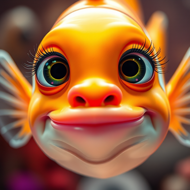 Create a vibrant, cartoon-style image of a fish with large expressive eyes, long eyelashes, and a glossy pink lips, using a Canon EOS R5 camera, 85mm lens, f/1.8 aperture, 1/250 sec shutter speed, and bright lighting for enhanced colors and sharp detail.