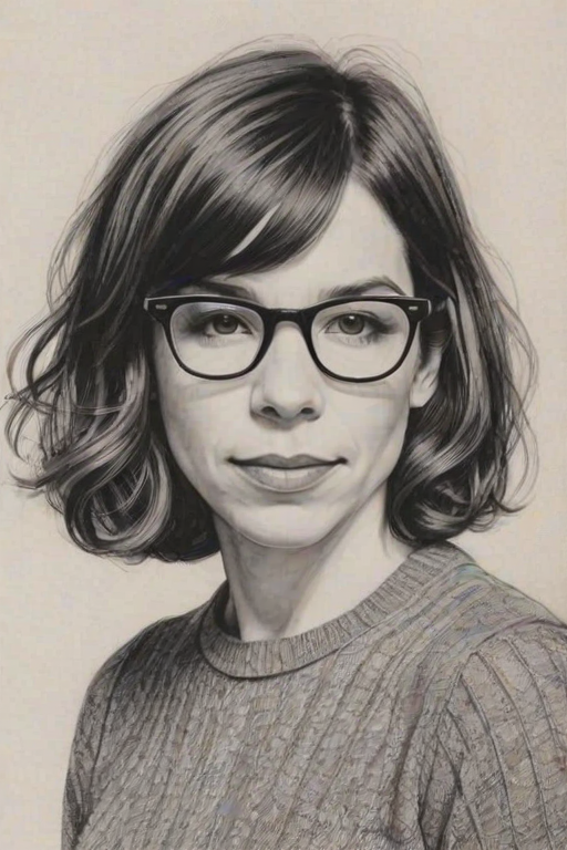 Beauteous Carrie Brownstein, pencil sketch, portrait of Ravishing woman 1978s in glasses, hair style beatnik, outline, clear lines, fine lines, 8k