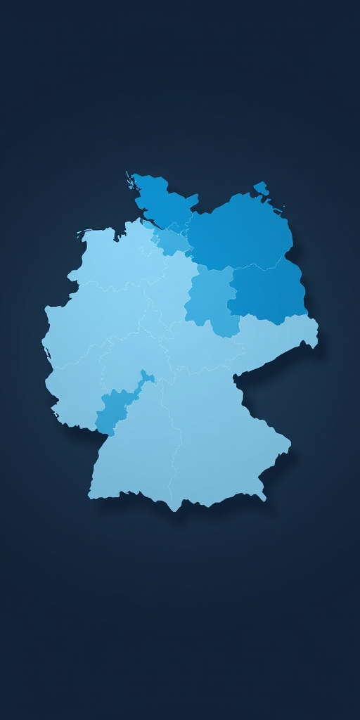 Create a high-resolution digital illustration of a map of Germany, detailing its federal states with varying shades of blue, using a Canon EOS 5D Mark IV, f/8 aperture, ISO 100, 24mm lens, soft lighting, and a slight 3D perspective view for depth.