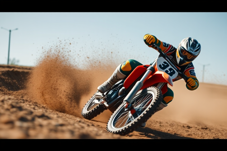 Capture an action shot of a motocross rider in mid-turn, using a DSLR camera with a 70-200mm lens, f/4 aperture, ISO 400, shutter speed 1/1000 sec, from a low angle to emphasize speed and motion, with a shallow depth of field to blur the background and highlight the rider and dirt being kicked up.