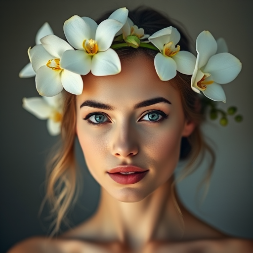 Portrait of a model with a floral headpiece of white orchids, soft focus background, natural lighting, ISO 100, f/2.8, 85mm lens, shot at eye level with a shallow depth of field, DSLR camera.