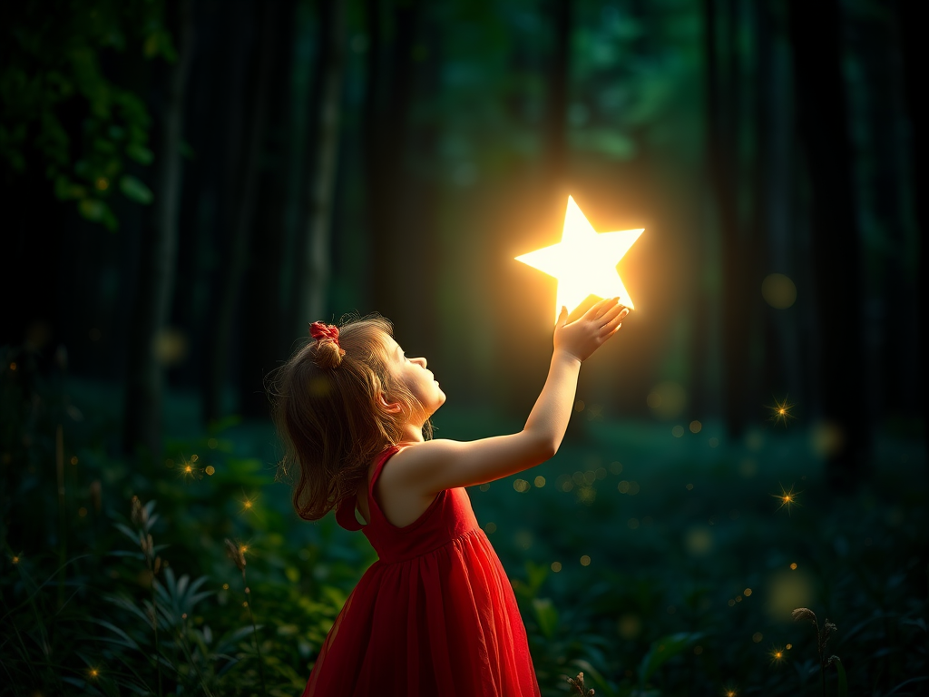 A young girl in a red dress reaches for a glowing star in a lush green forest, magical ambiance with sparkling lights, captured with a DSLR camera, 50mm lens, f/1.8, ISO 200, aperture priority mode, soft focus with a warm color palette, high dynamic range.