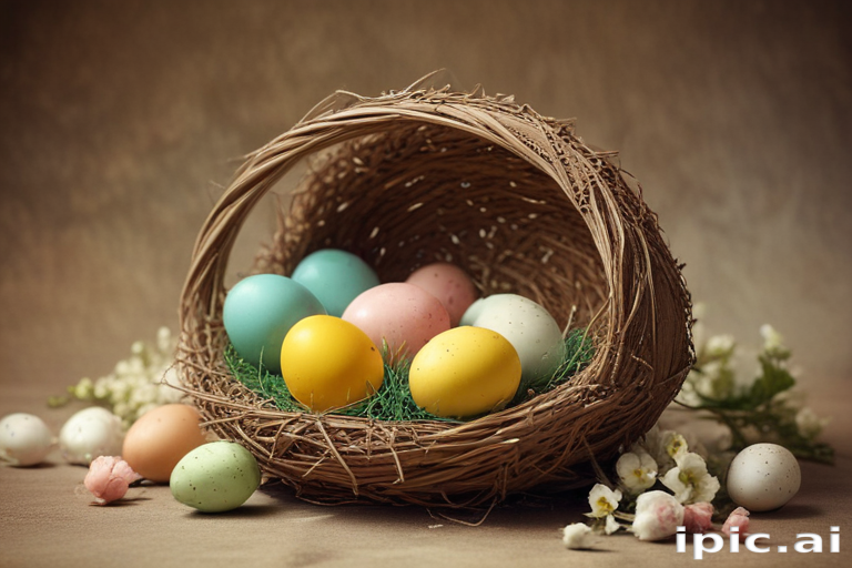 Beautifully Decorated Easter Eggs Nestled in a Rustic Woven Basket