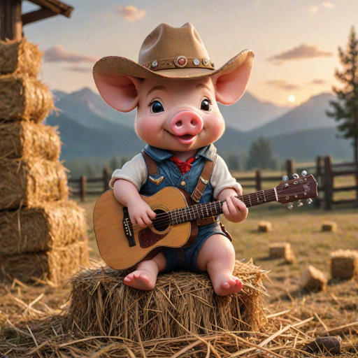 A chibi pig, dressed as a cowboy, playing guitar, sitting on a hay bale