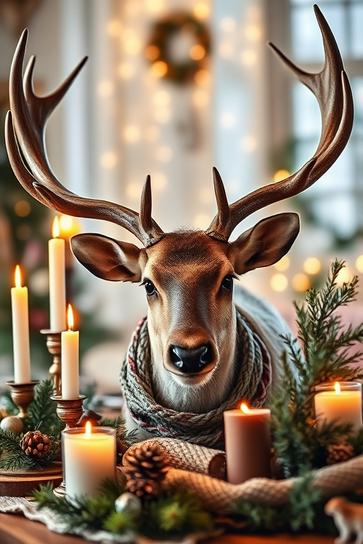 A beautifully styled winter scene featuring a majestic reindeer with large antlers, surrounded by rustic decorations like candles, pine branches, and small woodland creatures, soft warm lighting, shallow depth of field, captured with a Canon EOS R5, 50mm lens at f/1.8, ISO 200, 1/60s exposure.