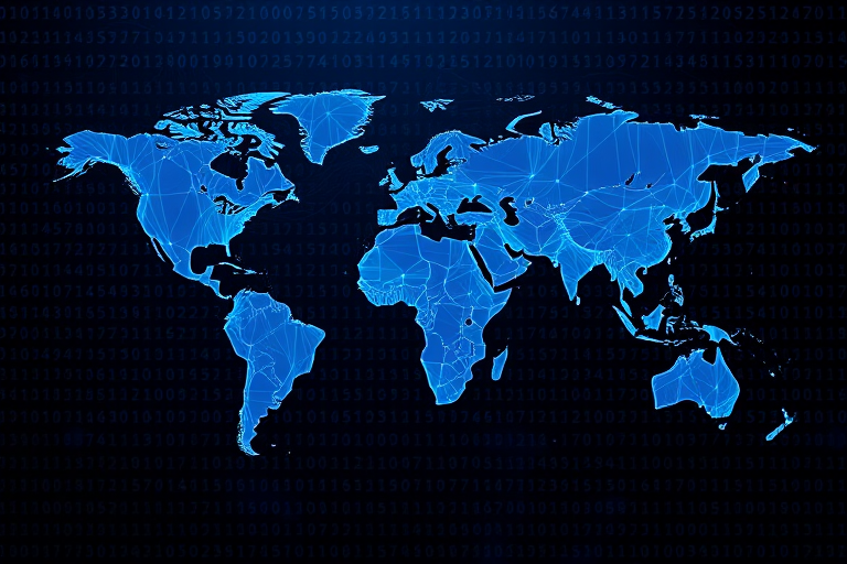 create a digital map of the world with a blue wave pattern overlay and binary code background, use a high-resolution camera setting of 300 DPI, employ a bird's eye view, utilize a vector style, and apply a digital art camera type for enhanced clarity