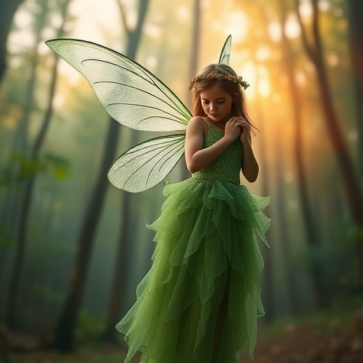 Create an image of a fairy with green dress and translucent wings, set against a dreamy forest background, use a Canon EOS R with a 50mm lens, aperture f/1.8, ISO 100, shutter speed 1/200, in high-resolution digital art style.