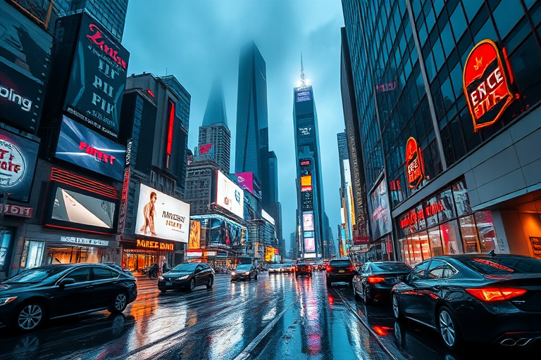 futuristic cityscape with towering skyscrapers, neon lights reflecting on wet pavement, crowded street scene with sleek cars, wide-angle lens, f/11 aperture, ISO 100, 1/125 sec shutter speed, shot with a full-frame DSLR, capturing a vibrant and dynamic urban atmosphere