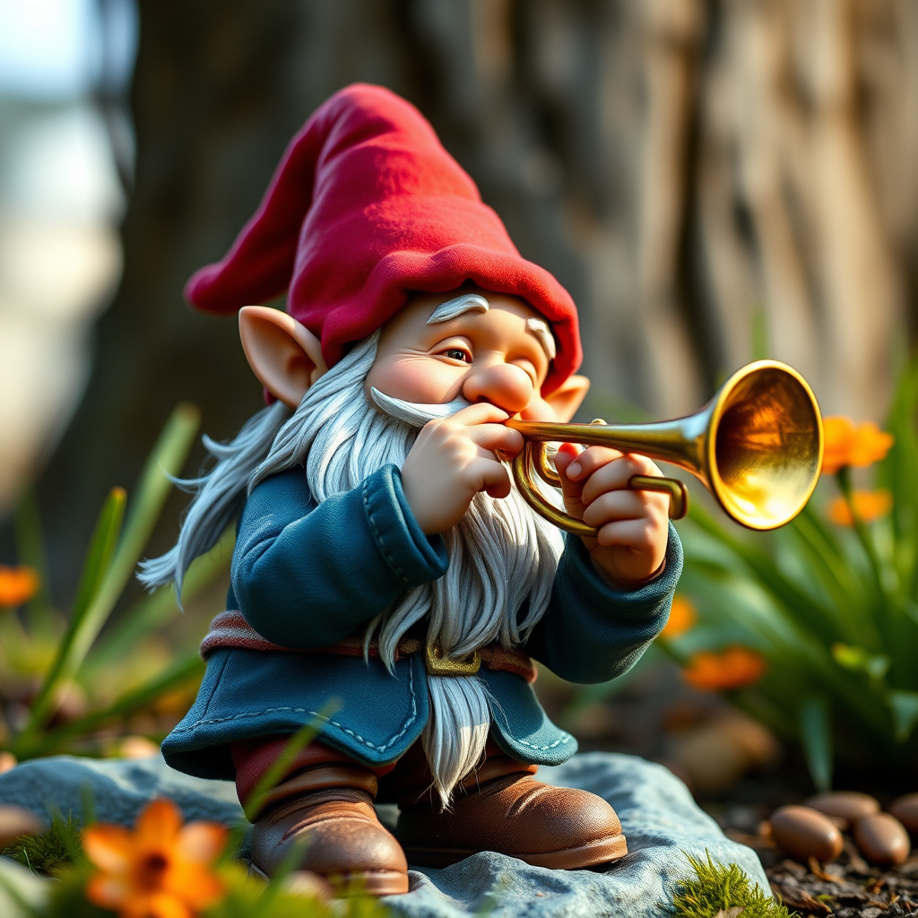 Create a detailed illustration of a gnome playing a trumpet, use a 50mm lens with an aperture of f/2.8 for shallow depth of field, shoot in natural light to enhance colors, and use a DSLR camera for high-quality results.