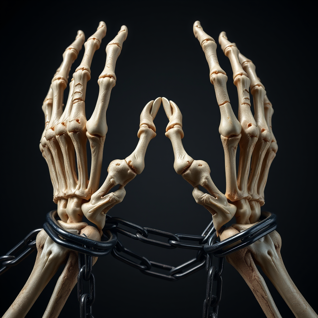 Create a high-resolution image of two skeletal hands breaking free from chains, emphasizing the intricate details of the bones and chains, shot with a Canon EOS R5 at f/8, 1/125 sec, ISO 100, with a macro lens for enhanced texture and sharpness, illuminated with soft diffused lighting to highlight contrasts and shadows.