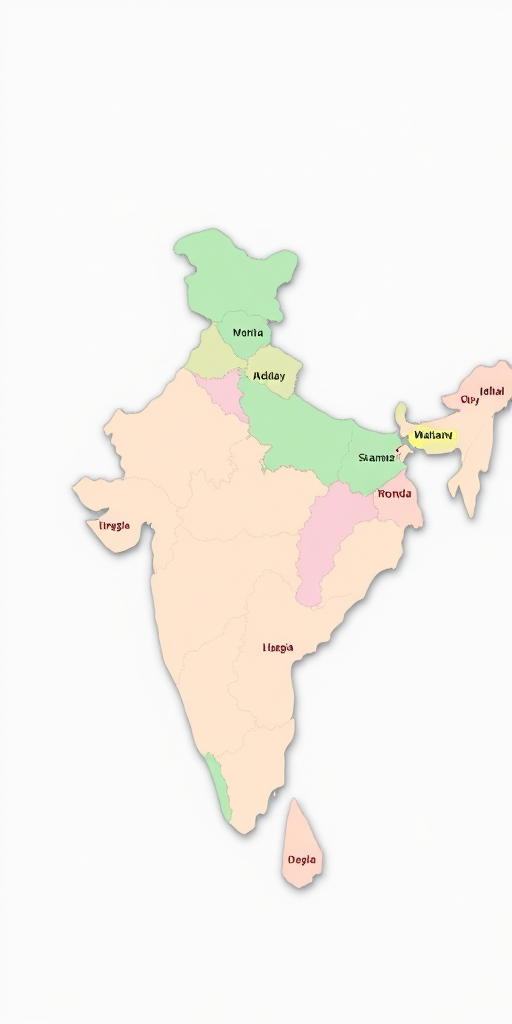 Create a colorful vector map of India highlighting its states with soft pastel colors, using a top-down view, captured with a digital camera at f/8 aperture, ISO 100, 24mm focal length, in a minimalist style.