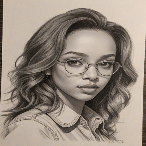 Superb Tinashe, pencil sketch, portrait of Sublime woman 1972s in glasses, hair style beatnik, outline, clear lines, fine lines, 8k