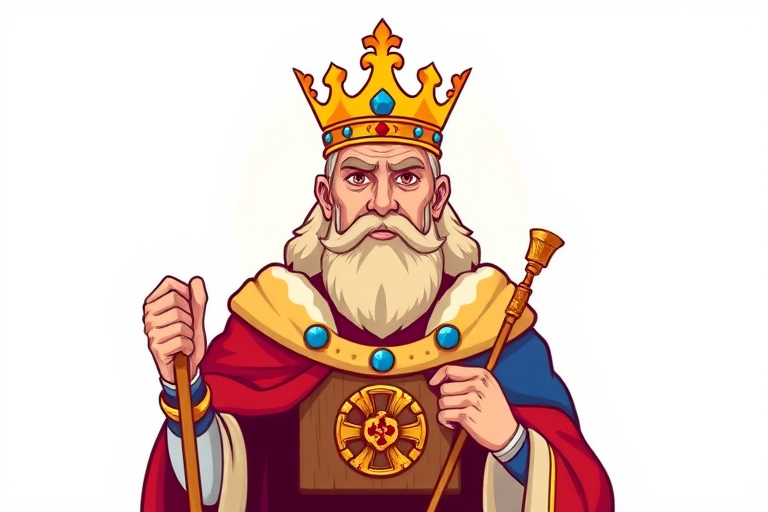 Create a digital illustration of a king with a crown, wearing a royal cloak and holding a scepter, using a Canon EOS 5D Mark IV, f/4 lens, 50mm focal length, ISO 100, in a high-resolution vector style with vibrant colors and clear outlines.