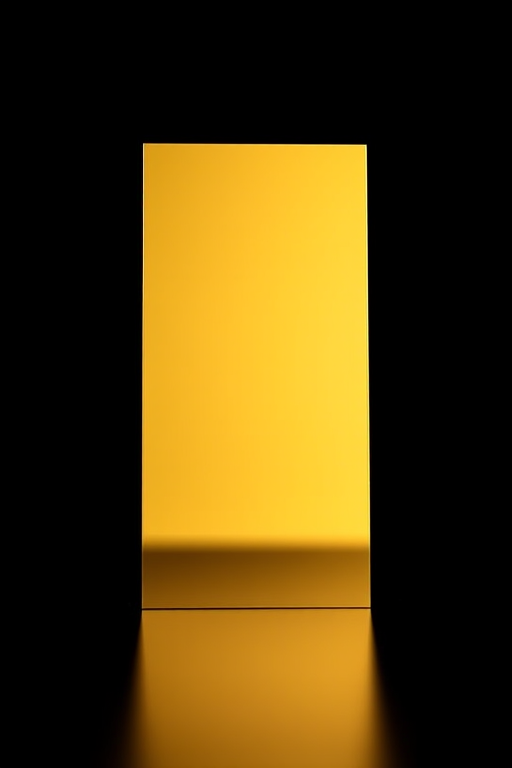 Generate a highly reflective, standing golden rectangular panel on a solid black background, captured with a DSLR camera at f/1.8, 1/60s shutter speed, ISO 100, using a 50mm lens in soft natural lighting for enhanced clarity and depth.
