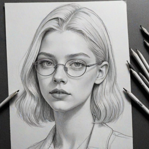 Appealing Hunter Schafer, pencil sketch, portrait of Appealing woman 1932s in glasses, hair style beatnik, outline, clear lines, fine lines, 8k