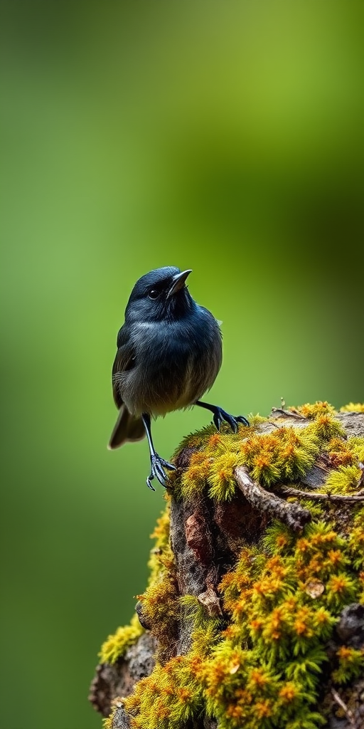 Capture a sharp image of a perched black redstart bird on a moss-covered surface with a blurred green background, using a Canon EOS 5D Mark IV, 300mm lens, aperture f/4, shutter speed 1/1000s, and ISO 400.