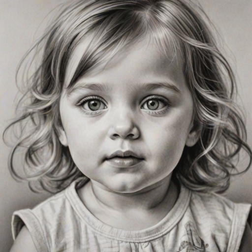 A hyperdetailed photorealistic black and white sketch of a beautiful toddler with deep green eyes, with a macro focus