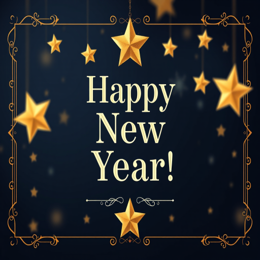 Create a festive New Year greeting card with a dark navy background featuring golden stars and a decorative border, text in elegant art deco font saying "Happy New Year!" captured with a DSLR camera at f/2.8, ISO 100, 50mm lens, soft focus background, and high dynamic range for vibrant colors.