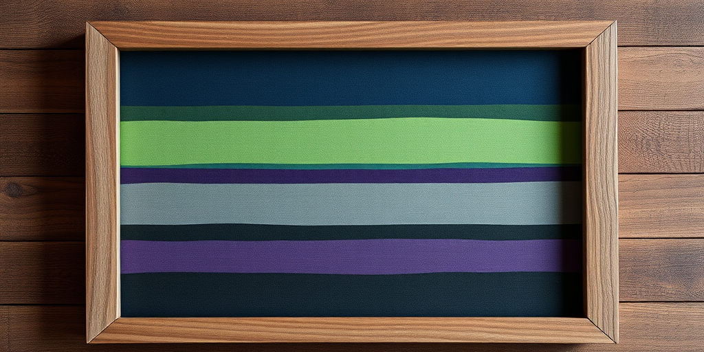 Create an abstract artwork featuring horizontal stripes in various colors such as dark blue, green, purple, and gray within a textured wooden frame, captured using a DSLR camera with a 50mm lens, aperture set to f/1.8, ISO 200, and shot in natural light from a front-facing view to enhance depth and detail.