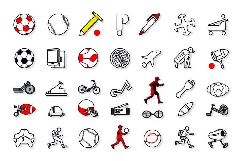 Create a high-resolution vector illustration of a variety of sports and activities icons, with a clean layout and minimalistic design, using a digital drawing tablet, 300 DPI, top-down view, sharp focus, and vibrant colors.