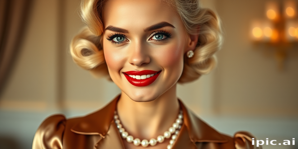 A beautiful woman reminiscent of 1950s Hollywood glamour, with perfectly styled blonde hair and a seductive smile, dressed in a satin blouse and adorned with pearls, soft and warm tones, photorealistic, 8K