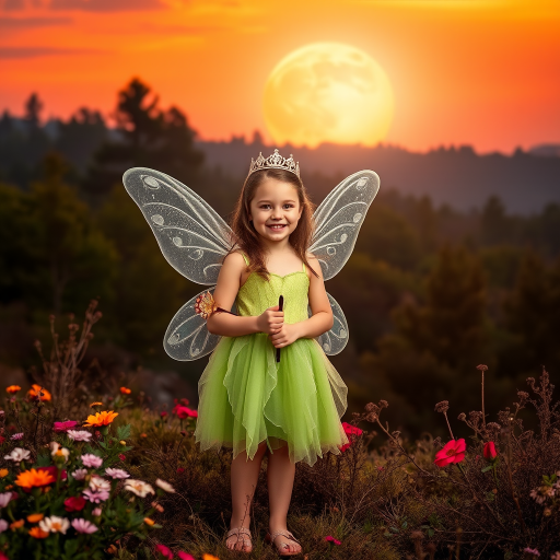 A vivid photo  taken under a bright camera flash of a fantastical scene set against a backdrop of a forest during sunset. The main subject is a girl dressed as a fairy, adorned with translucent wings and a green dress, holding a wand, her face is happy, and she wears a crown on her head. The forest behind her is a blend of flowers, shrubs and trees. The sky is painted in hues of orange and pink, with a large, glowing moon casting a warm glow over the scene. The overall color palette is dominated by earthy tones.