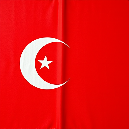 Create a highly detailed image of the Turkish flag with a vivid red background and a prominent white star and crescent, captured with a DSLR camera at f/8 aperture, ISO 100, 50mm lens, using a top-down view, in bright daylight to enhance color saturation and clarity.