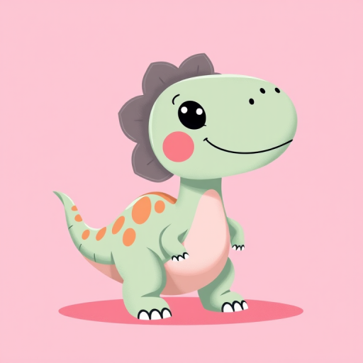 Generate a playful illustration of a cartoon dinosaur in a solid pastel pink background, using a digital painting style with soft textures, and set the camera to a 50mm lens, f/2.8 aperture, ISO 100, natural lighting for a bright and cheerful effect.