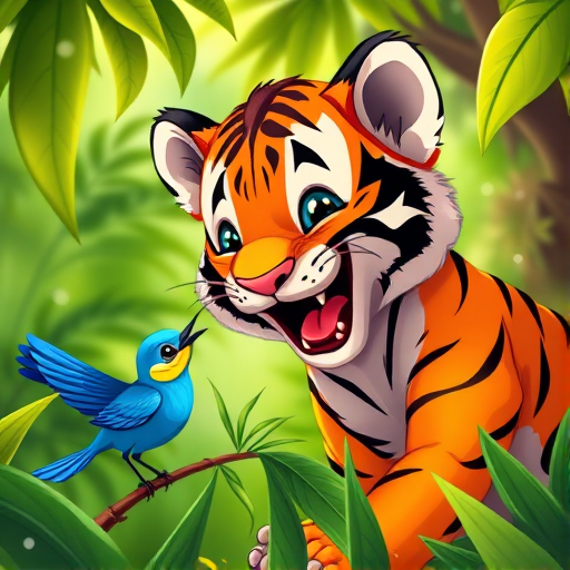 Generate a colorful and playful cartoon image of a baby tiger joyfully interacting with a bluebird in a lush, green jungle, using a Canon EOS R5 camera with a 24mm f/1.4 lens at ISO 100, f/4 aperture, and a wide-angle view to enhance the image quality and vividness.