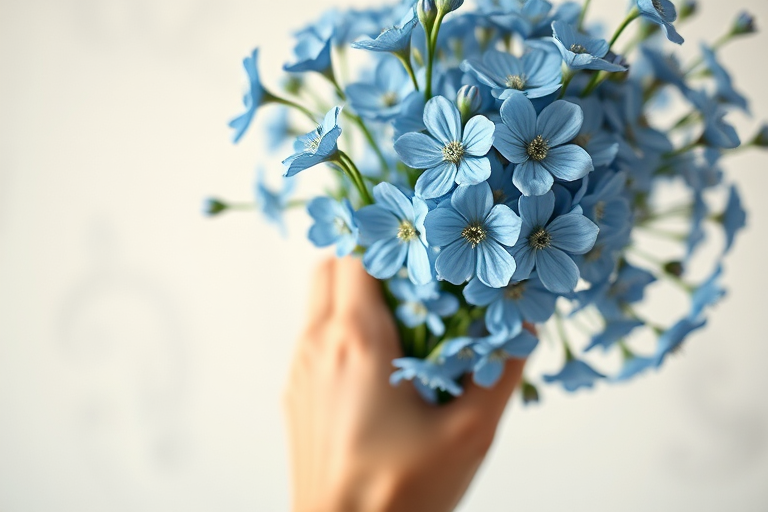 Create a vintage floral illustration featuring a bouquet of blue flowers and a delicate hand, captured with a Canon EOS 5D Mark IV using a 50mm f/1.8 lens, with a shallow depth of field, bright natural lighting, and a high-resolution setting for enhanced detail.