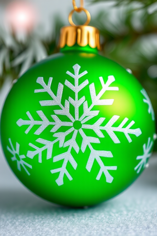 Generate a high-resolution image of a green Christmas ornament with white snowflake designs, using a DSLR camera with a 50mm lens, aperture set at f/2.8, ISO 100, shot in macro view, and soft natural lighting.