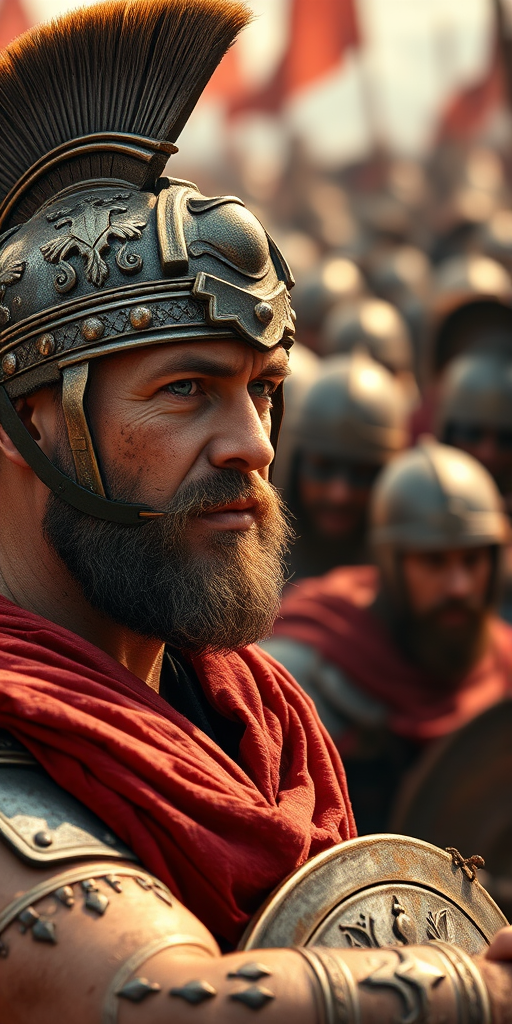 Create a high-resolution image of a battle scene featuring a rugged Roman soldier with dirt and sweat on his face, wearing ornate armor and a red cape, amidst a chaotic crowd of warriors, captured with a Canon EOS R5, 50mm lens, aperture f/1.8, ISO 200, with warm lighting and a shallow depth of field to enhance the dramatic effect.