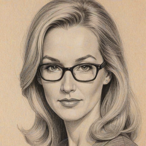 Appealing Angela Kinsey, pencil sketch, portrait of Bewitching woman 1965s in glasses, hair style beatnik, outline, clear lines, fine lines, 8k